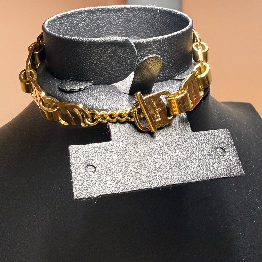 Ferragamo Gold  tone Link Chain Choker Necklace - Bold Buckle Detail